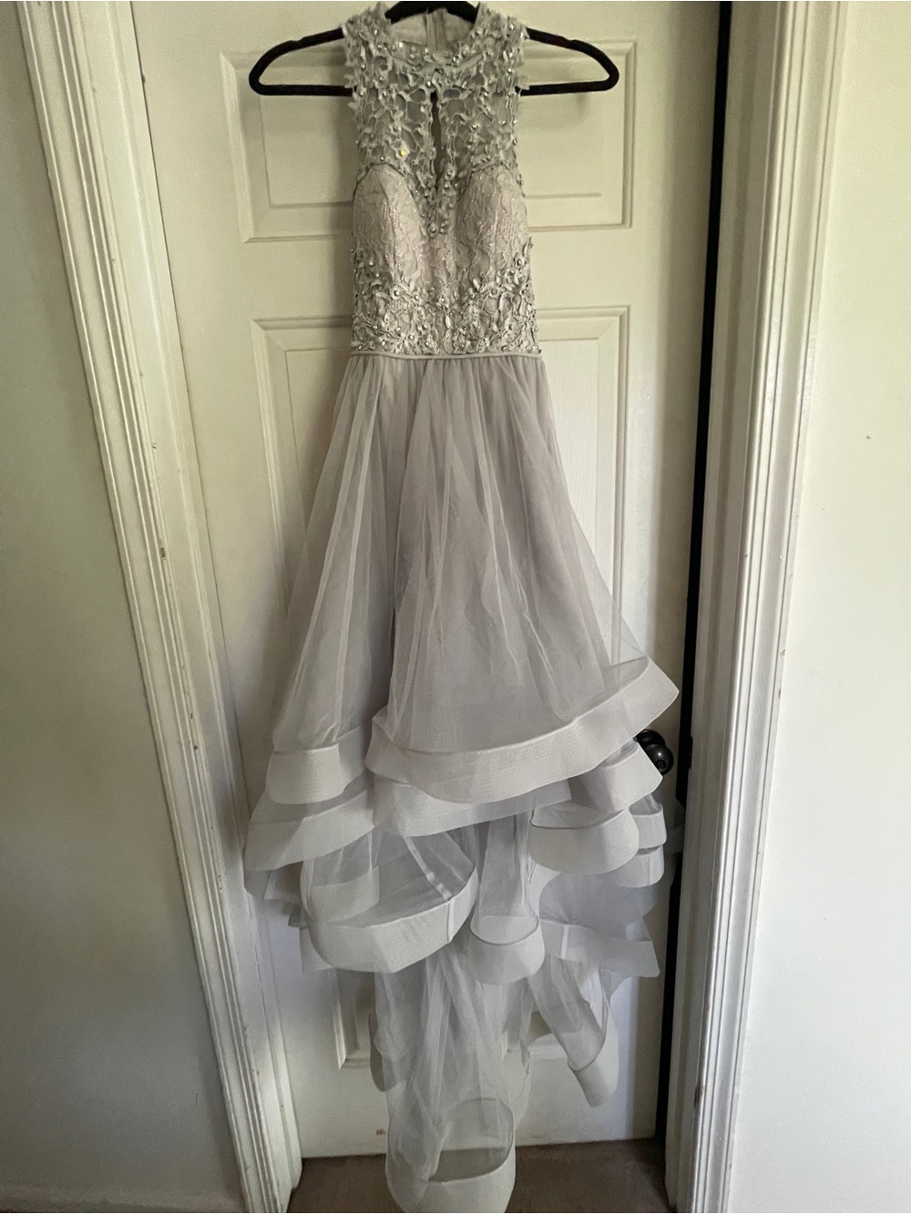 TLC Silver Lace Appliqué Asymmetrical High-Low Tulle Gown